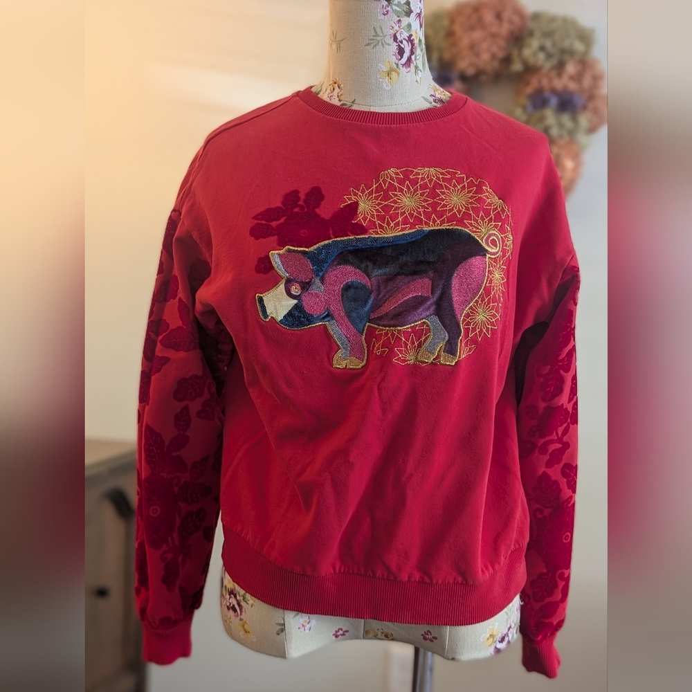 Desigual Vibrant Red Sweater with‎ Artistic Pig Motif